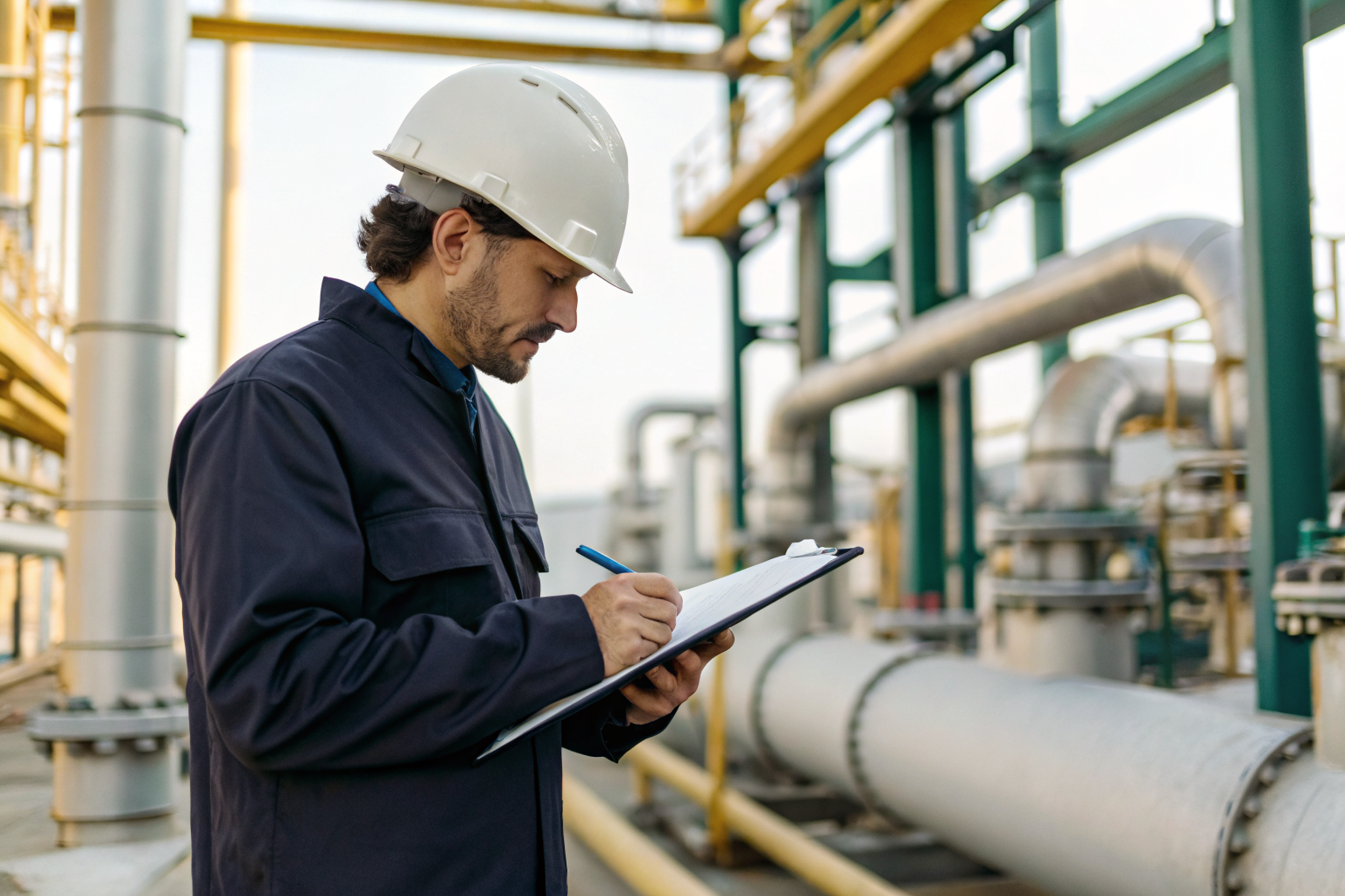Engineer assessing oil facility with clipboard, focused on components.