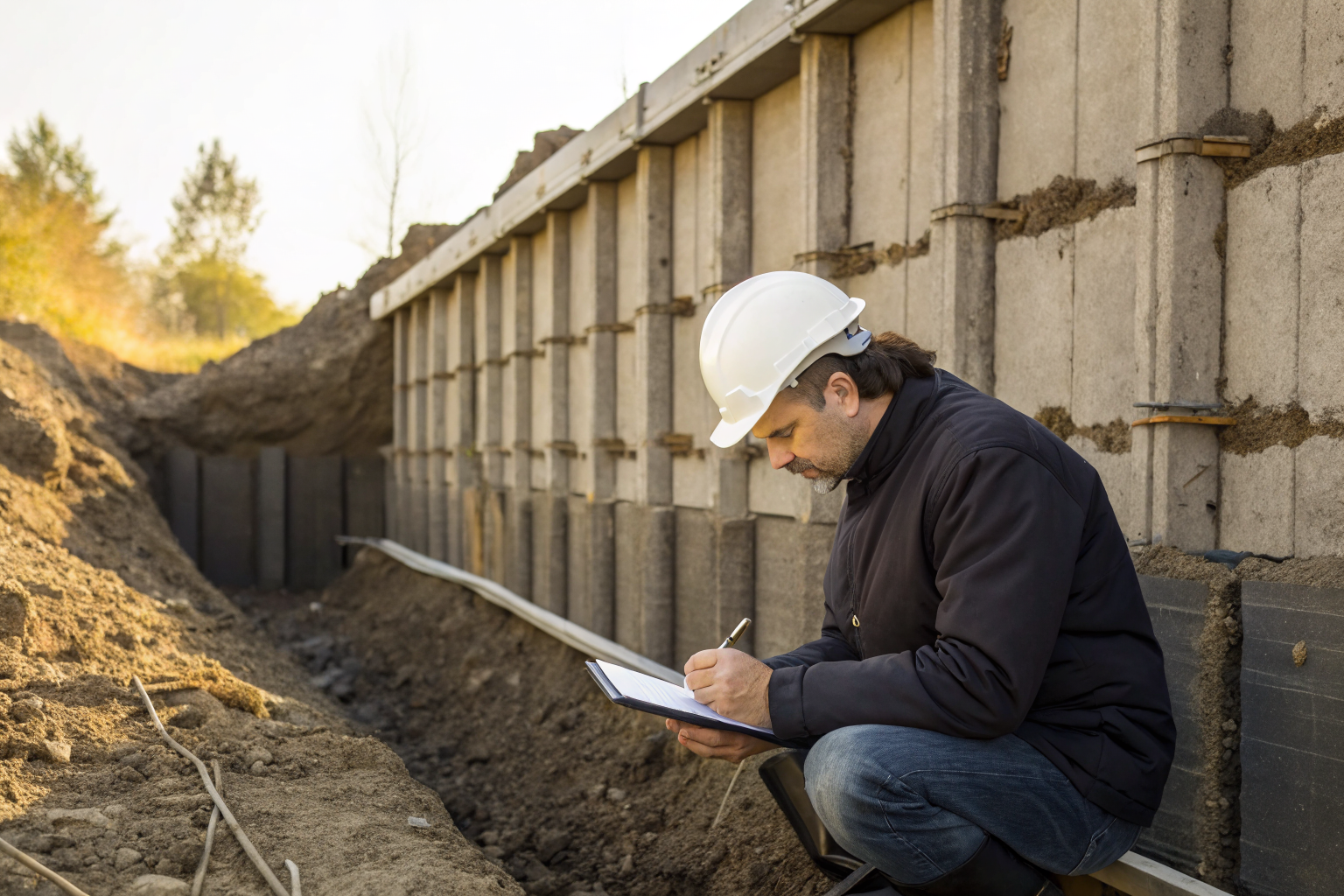Engineer examining soil near containment structure foundation.