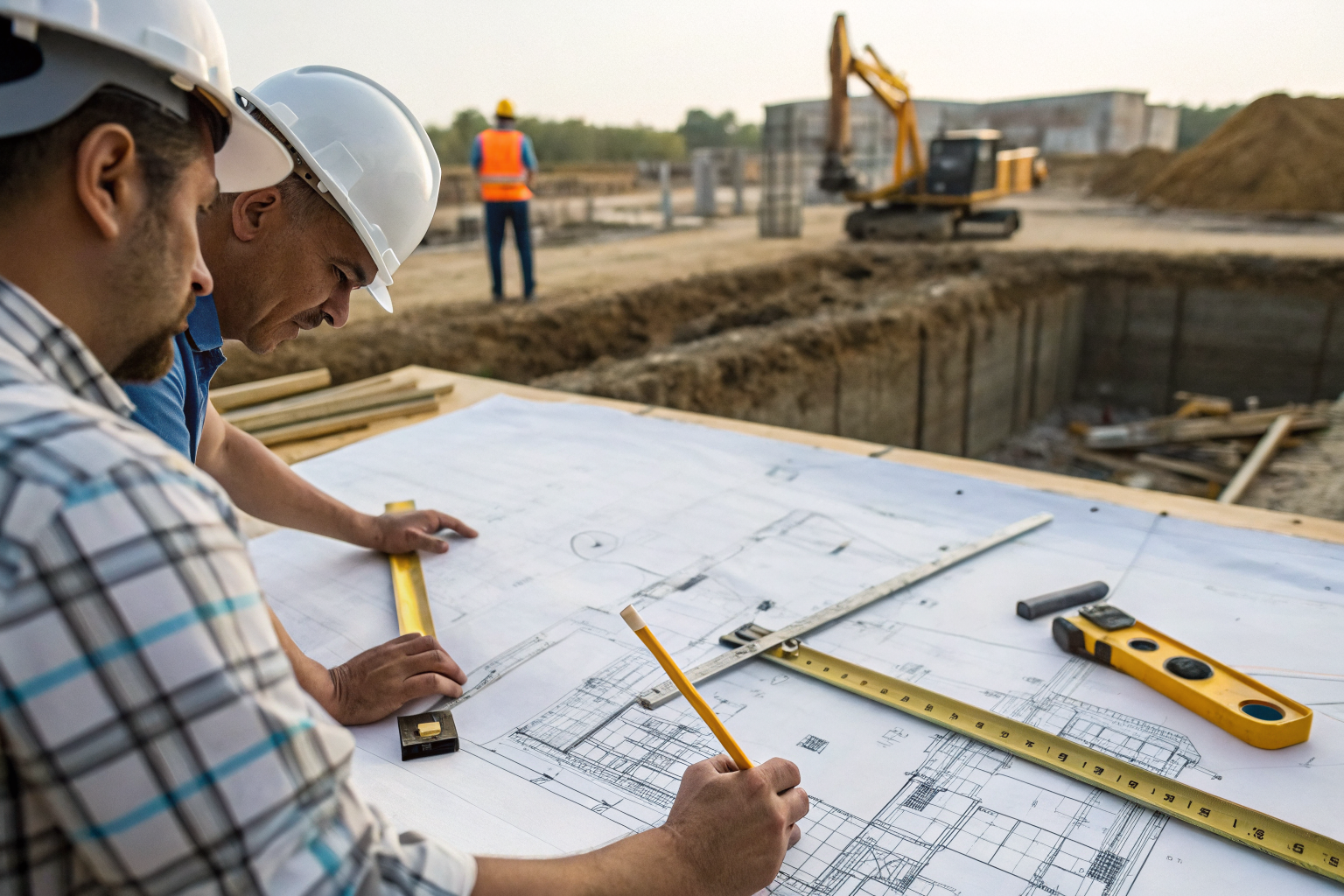 Engineers on site with blueprints and tools for tank foundations.