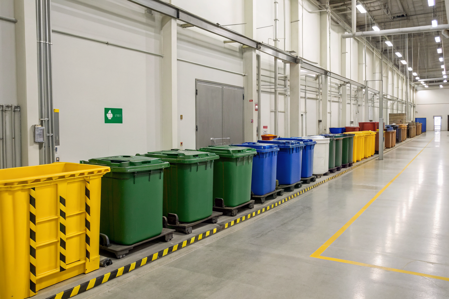 Hazardous waste containers in a waste management facility.