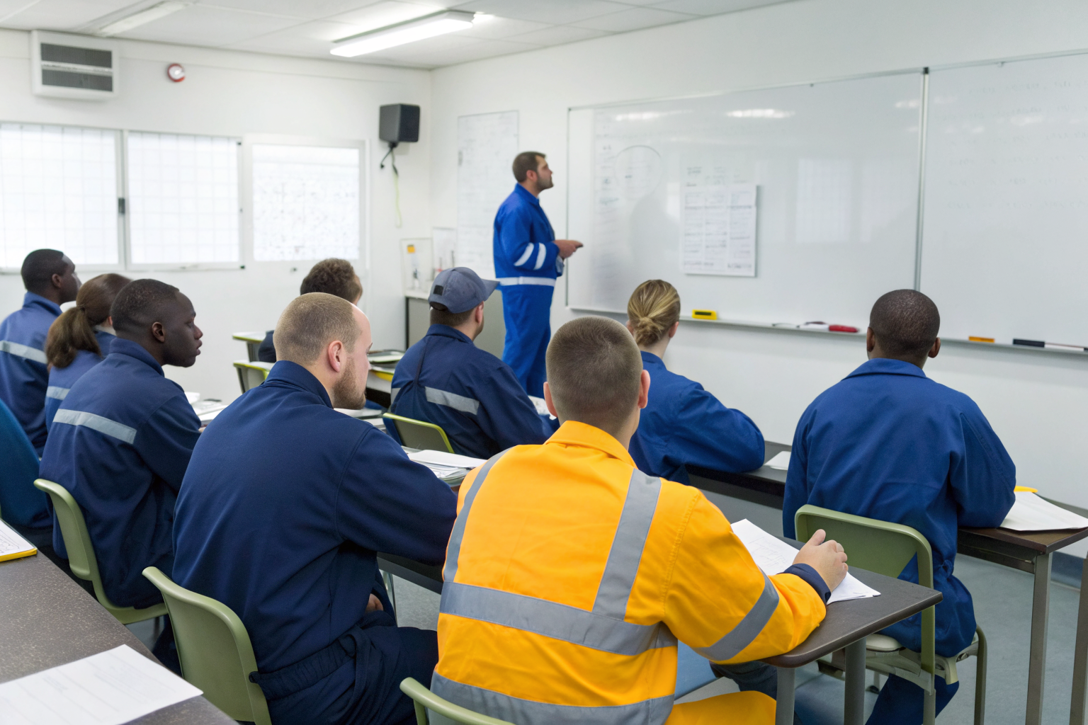 New oil employees in a training class, whiteboard and charts present.