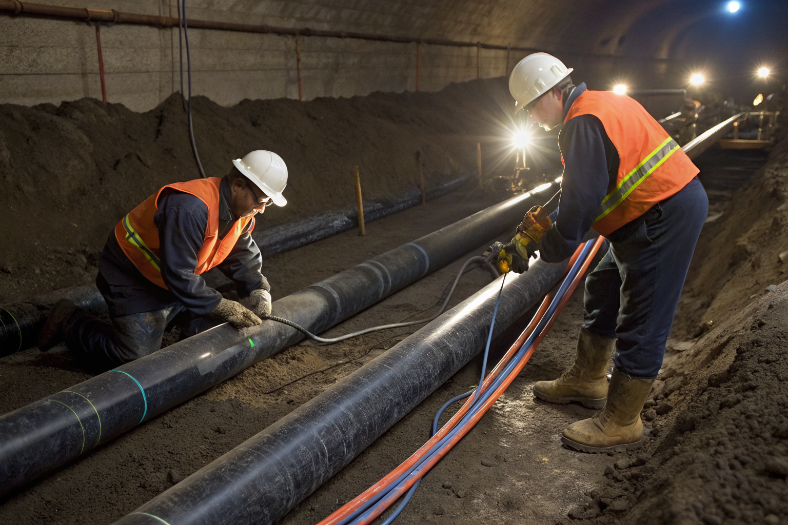Engineers performing pressure tests on buried pipes.
