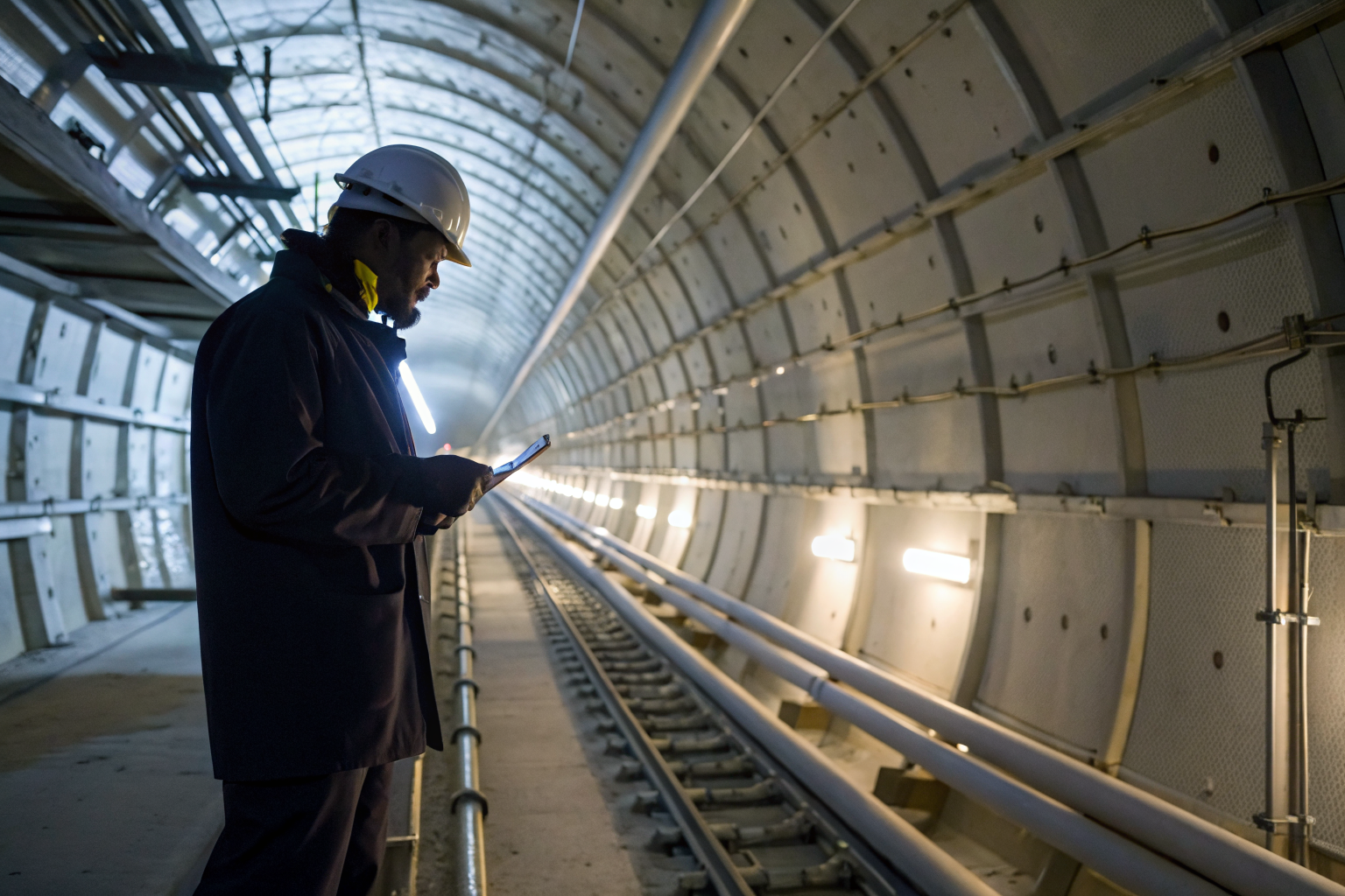Facility worker inspecting complex containment system under bright lighting.