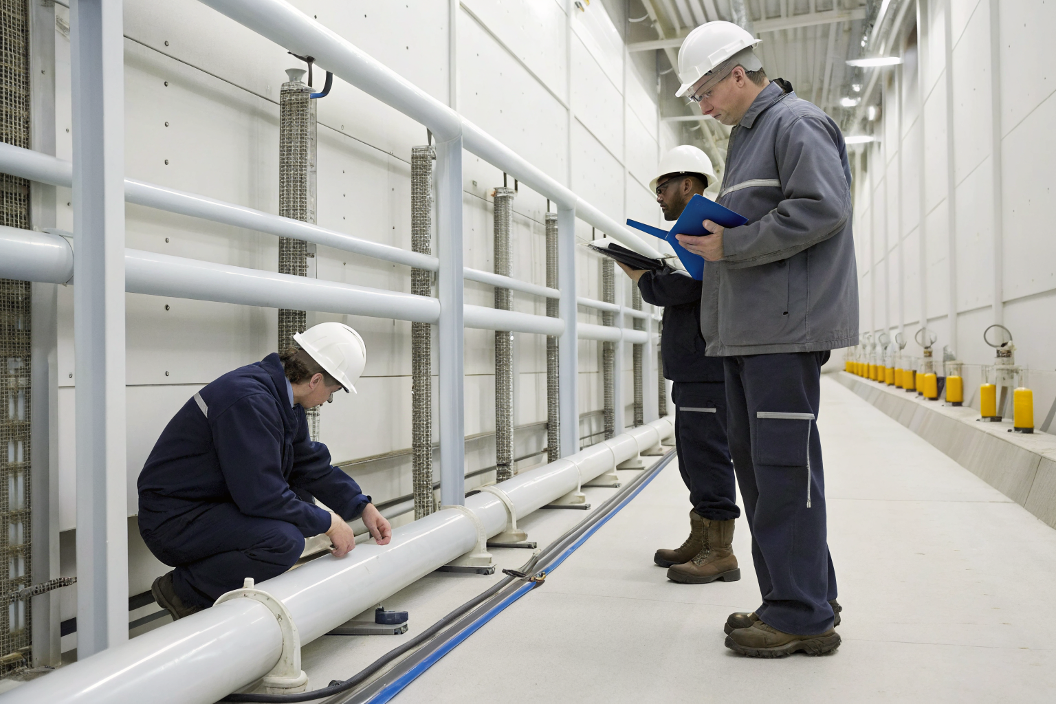 Team inspecting secondary containment system with barriers.