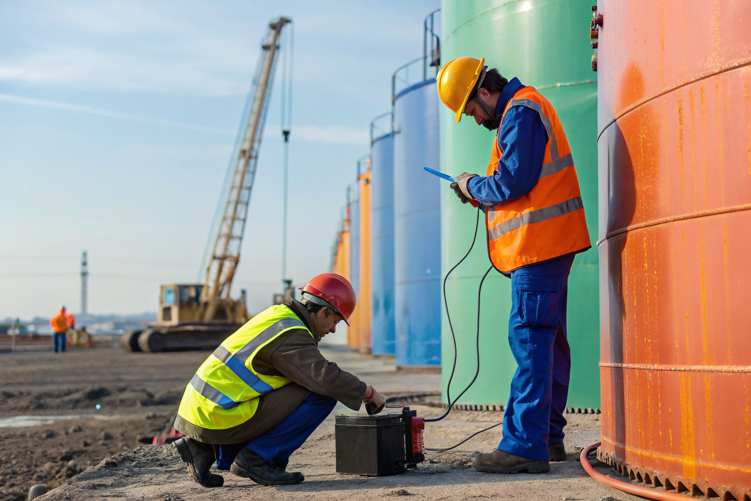 Inspectors testing oil tanks on site with equipment visible.