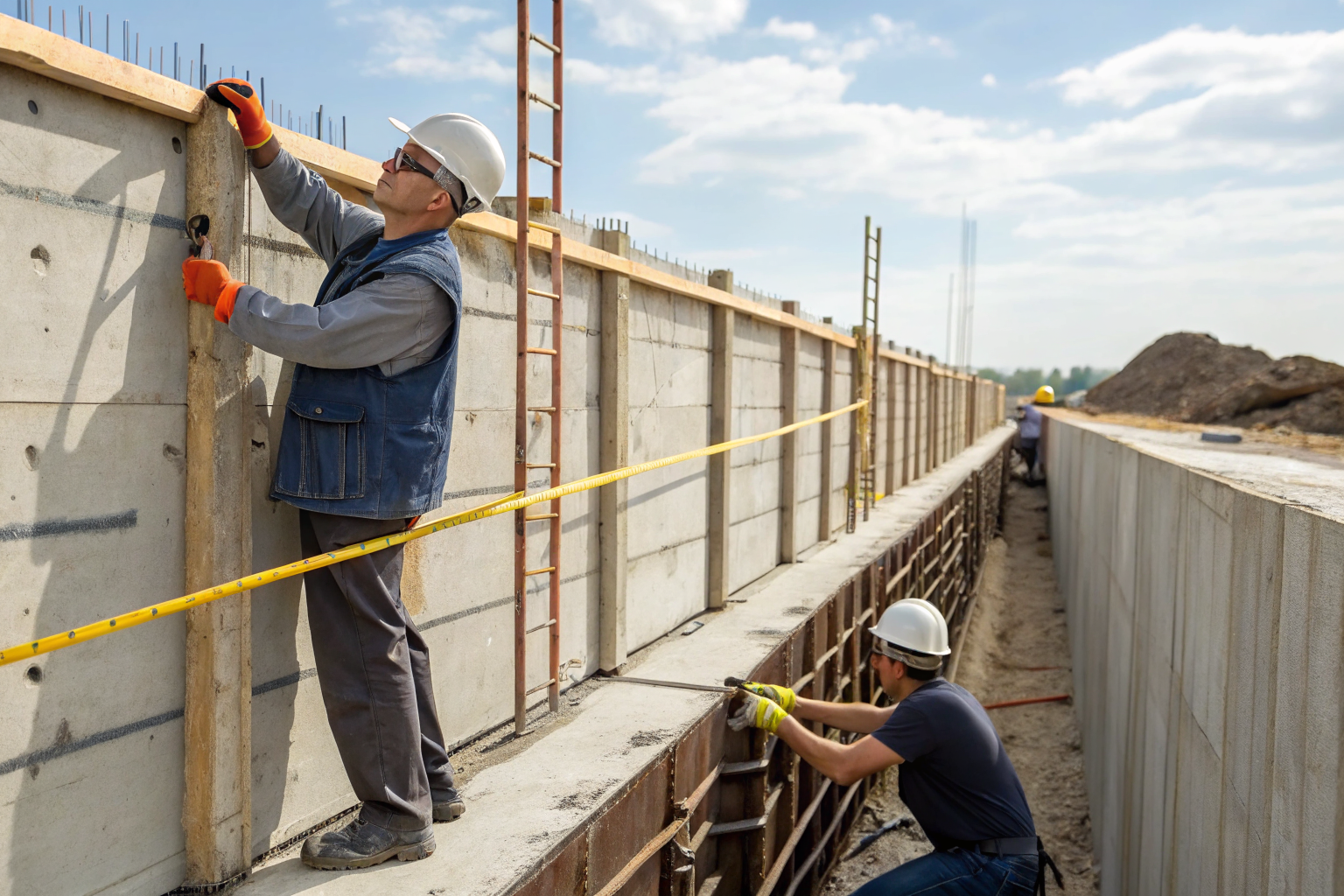 Workers measuring wall plumbness at construction site for containment.