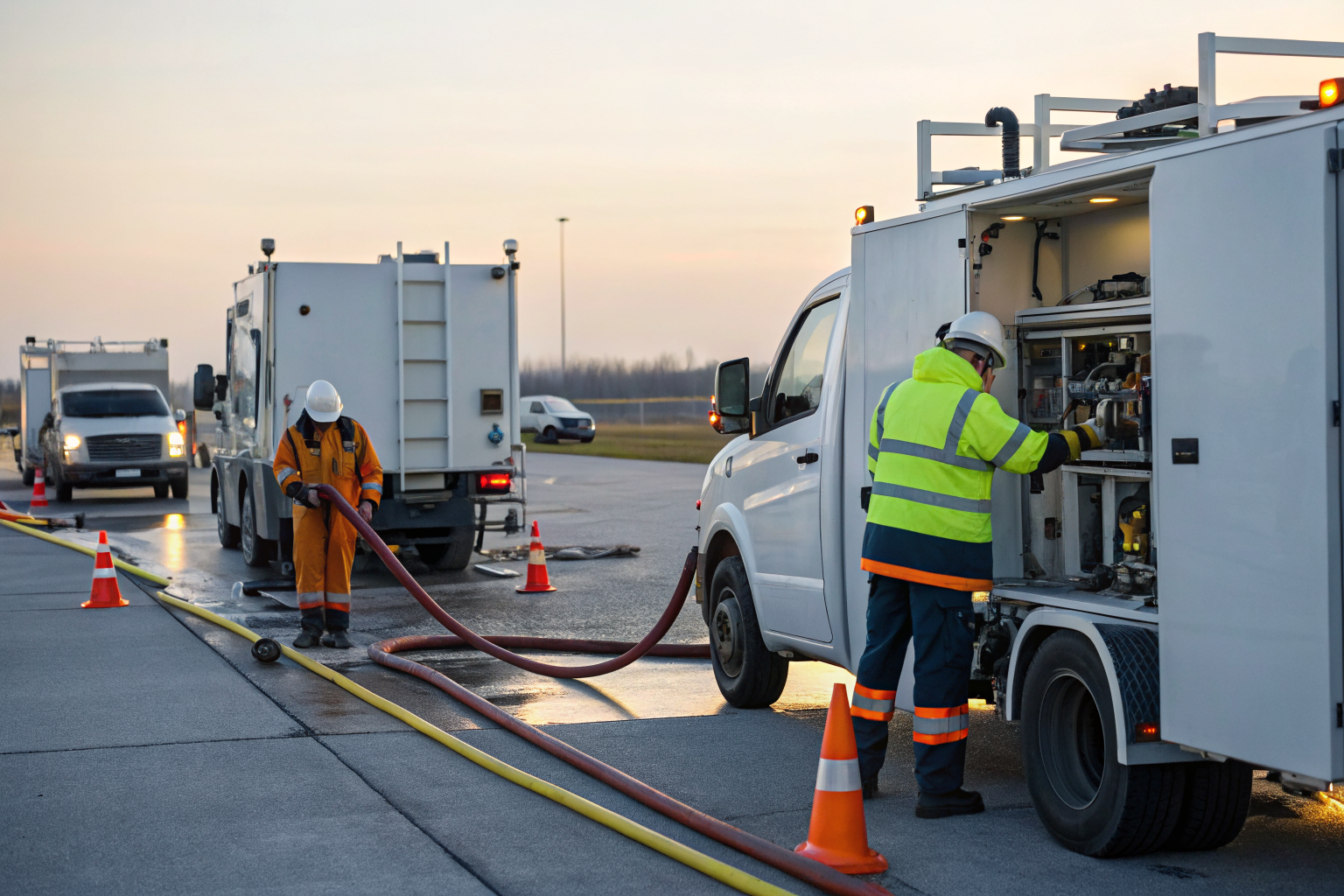 Technicians installing safety equipment on a mobile refueling unit at a service site.
