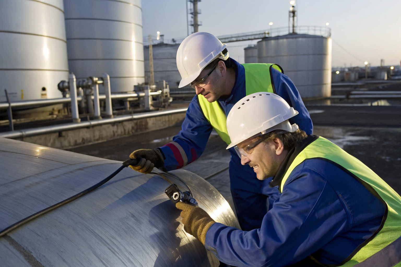Workers testing steel storage tank integrity with assessment tools.