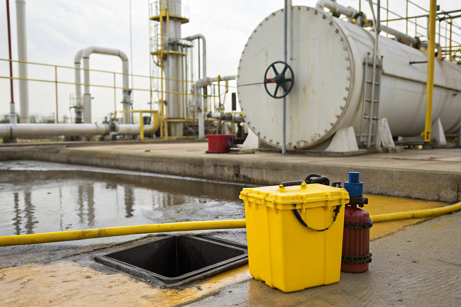 Spill kit near oil storage tank, showing required proximity.