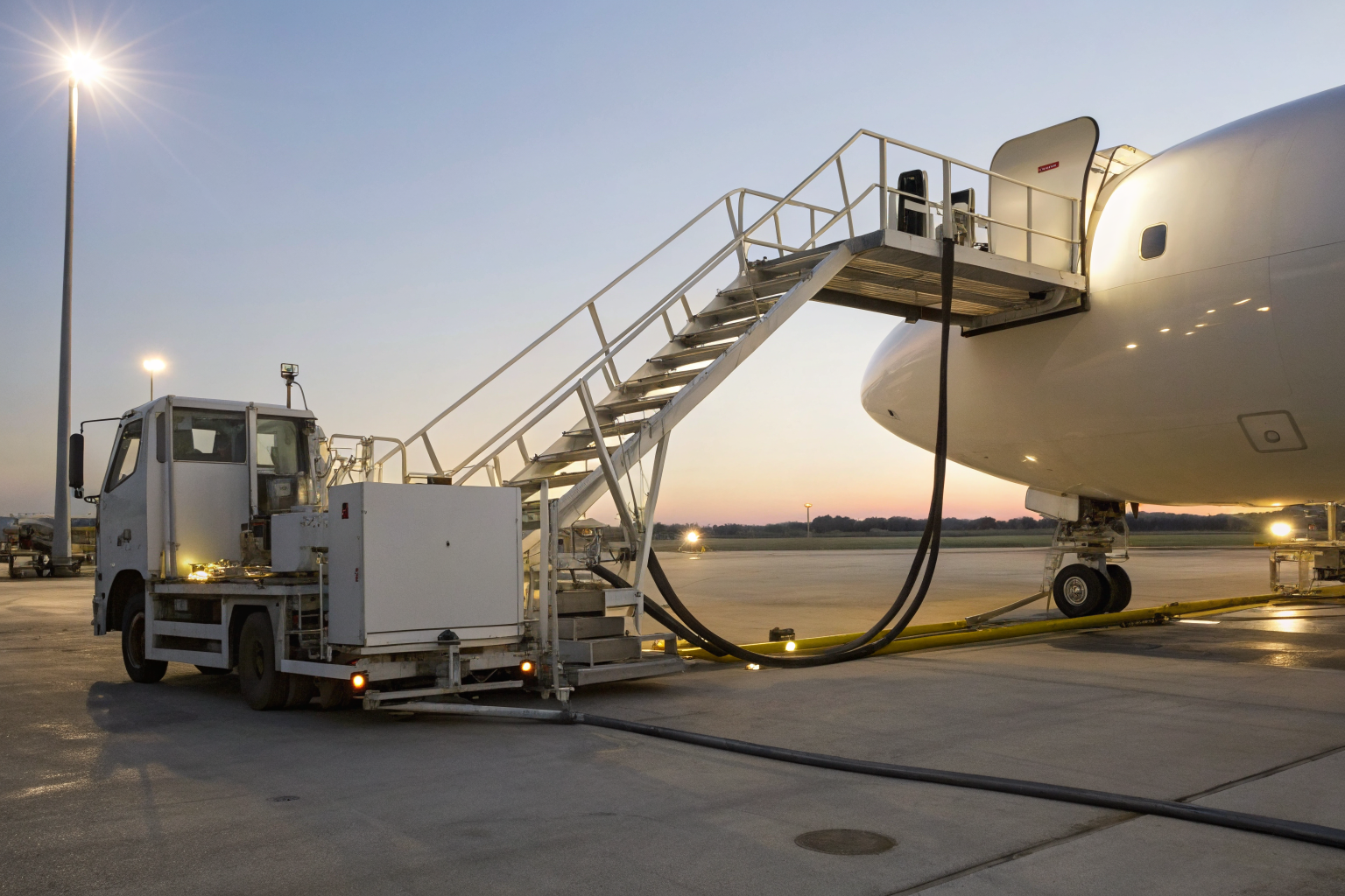 Mobile refueler connected to loading rack using portable equipment.