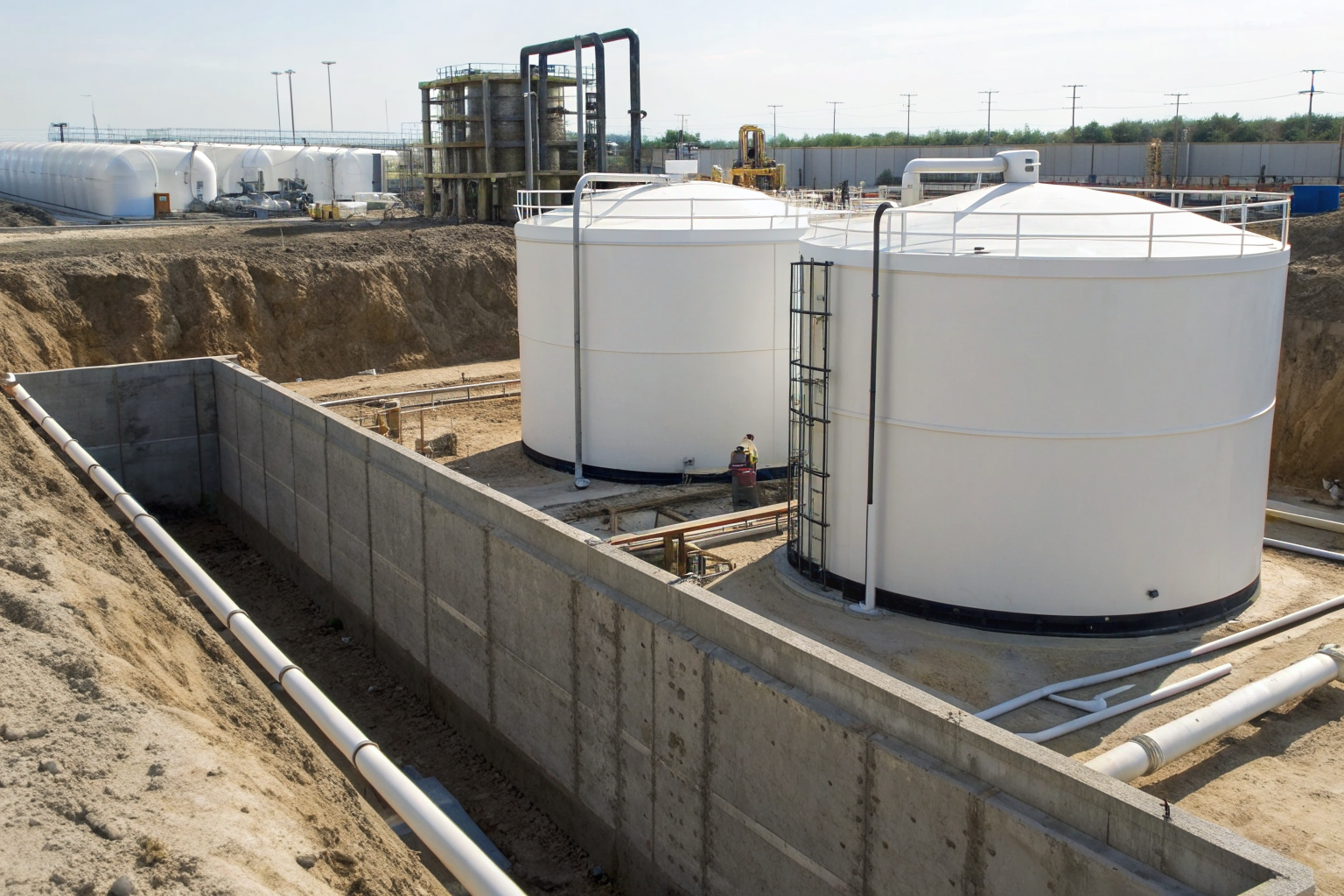 Double-walled tank system sealed from precipitation exposure.