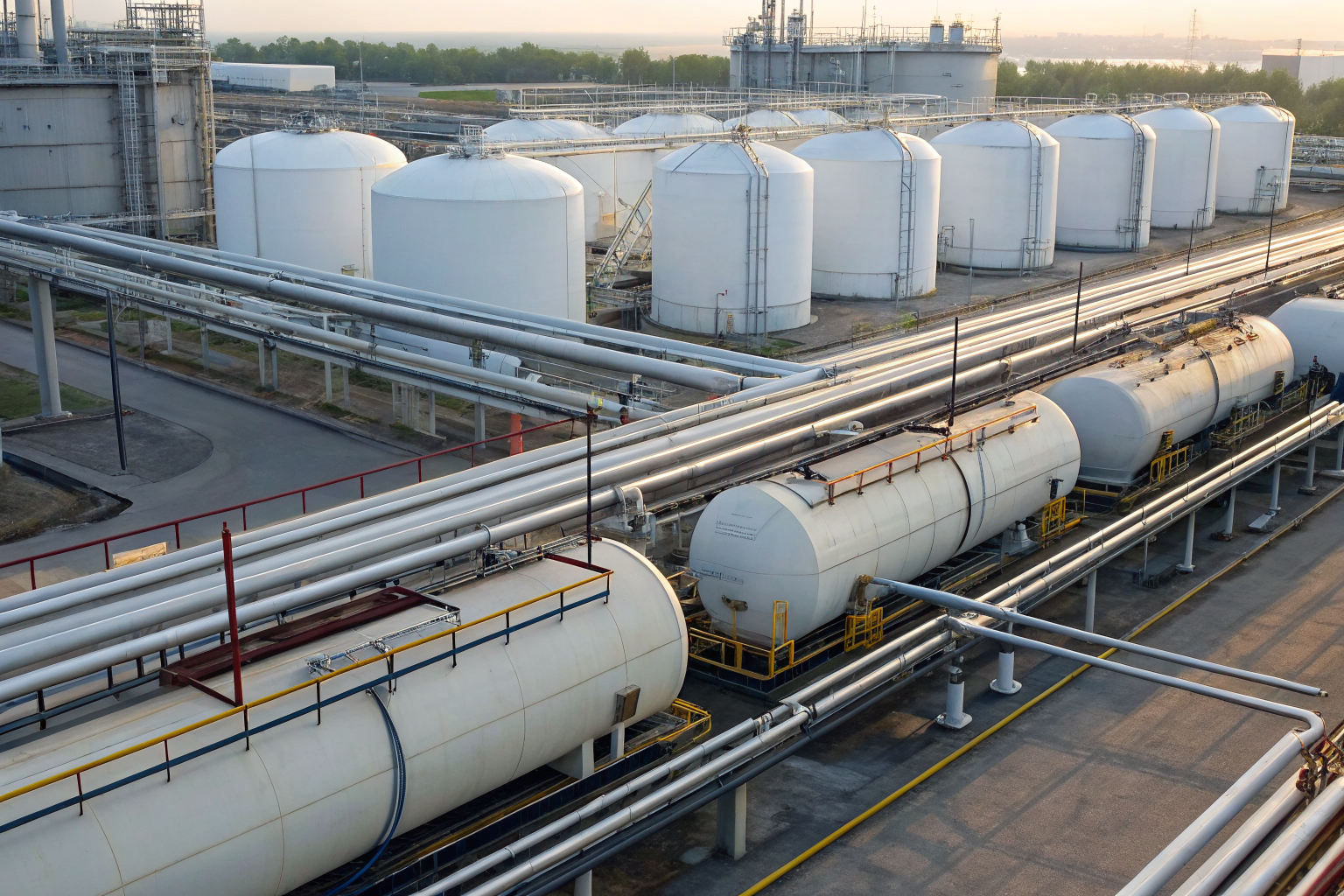 Industrial oil tanks and pipelines in a manufacturing facility.
