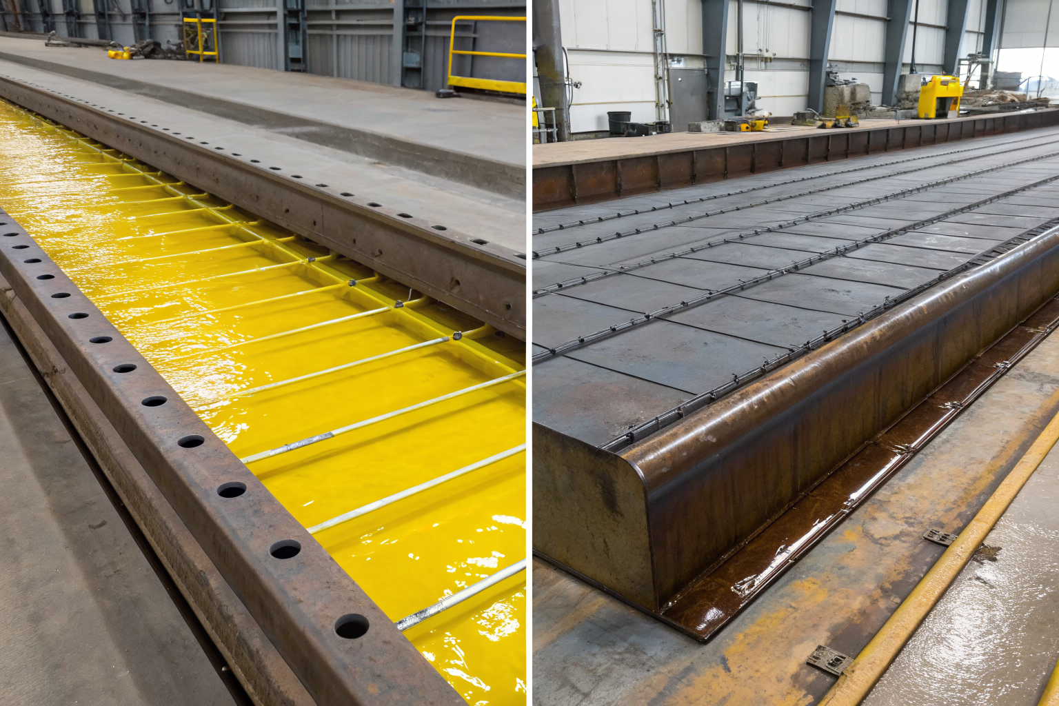 Steel vs polyethylene spill systems side by side, industrial setting.