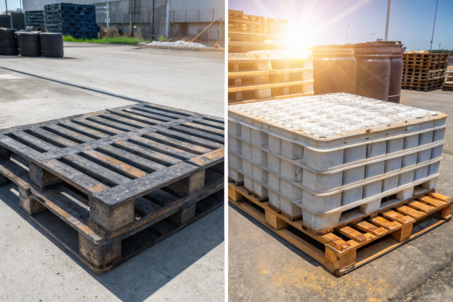 Steel and polyethylene pallets outdoors showing durability contrast.