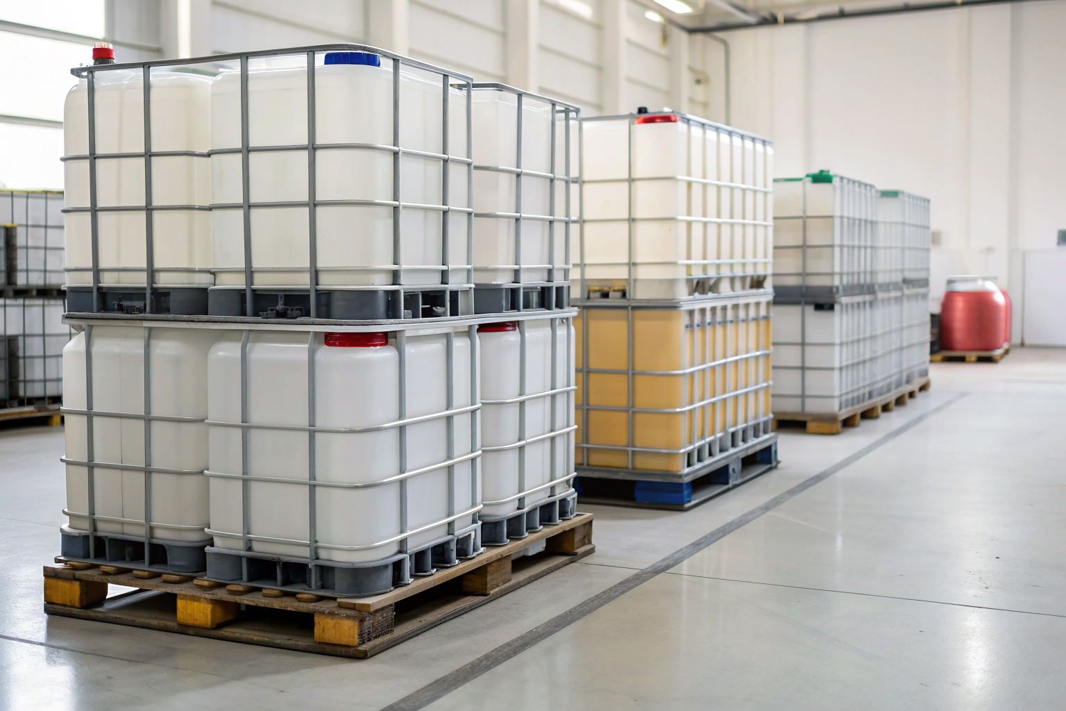 Polyethylene pallets with containers of different chemicals in storage facility.