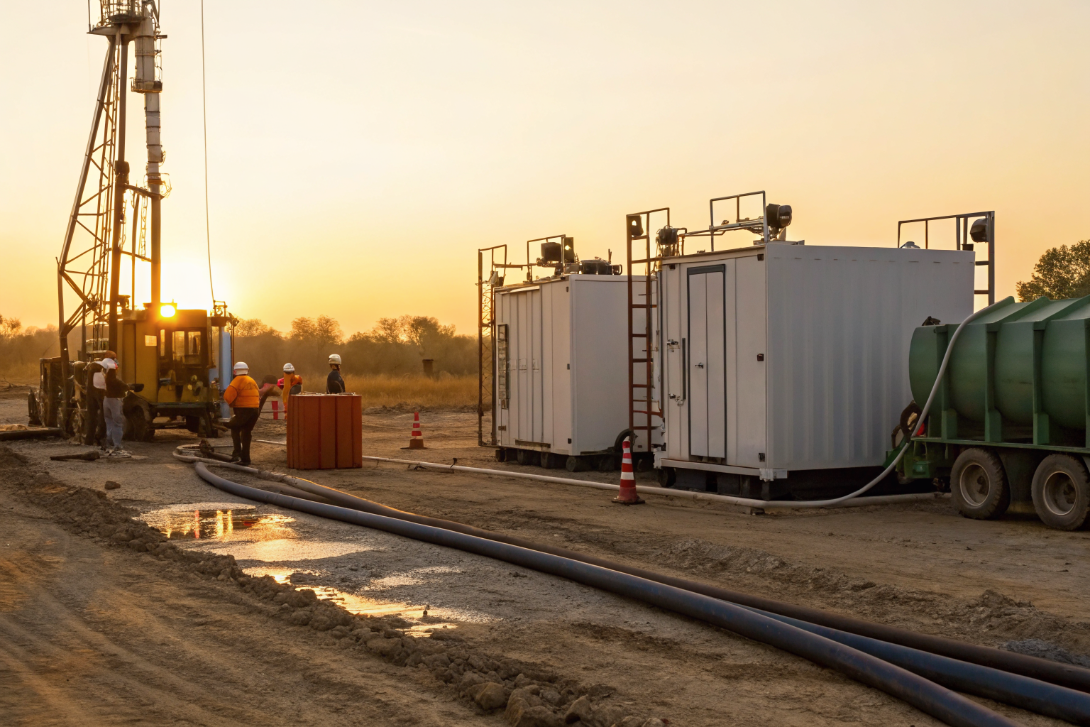 Portable containment systems at a remote construction site for mobile refuelers.