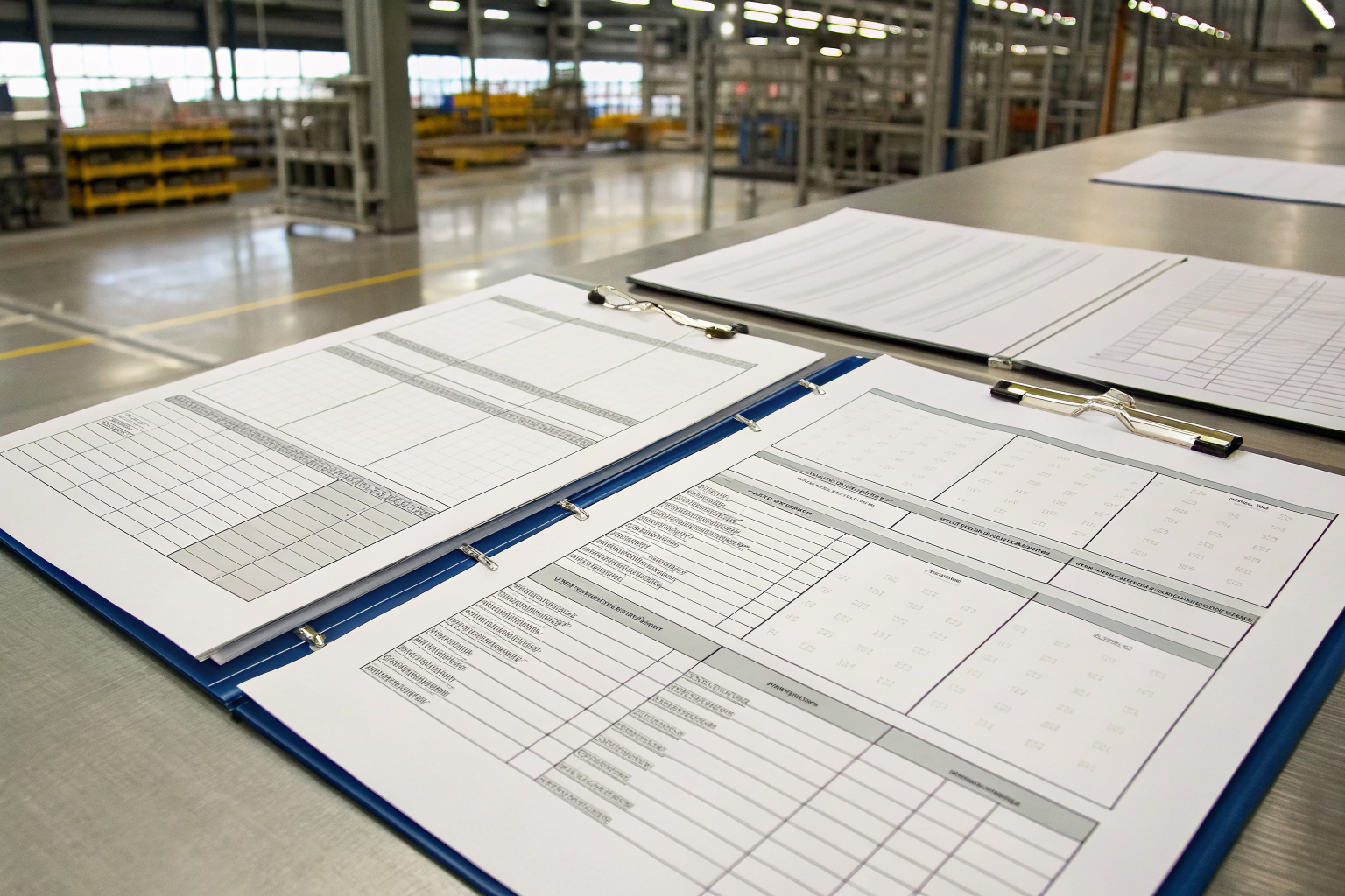 SPCC monitoring forms for industrial and retail facilities, laid out on a table.