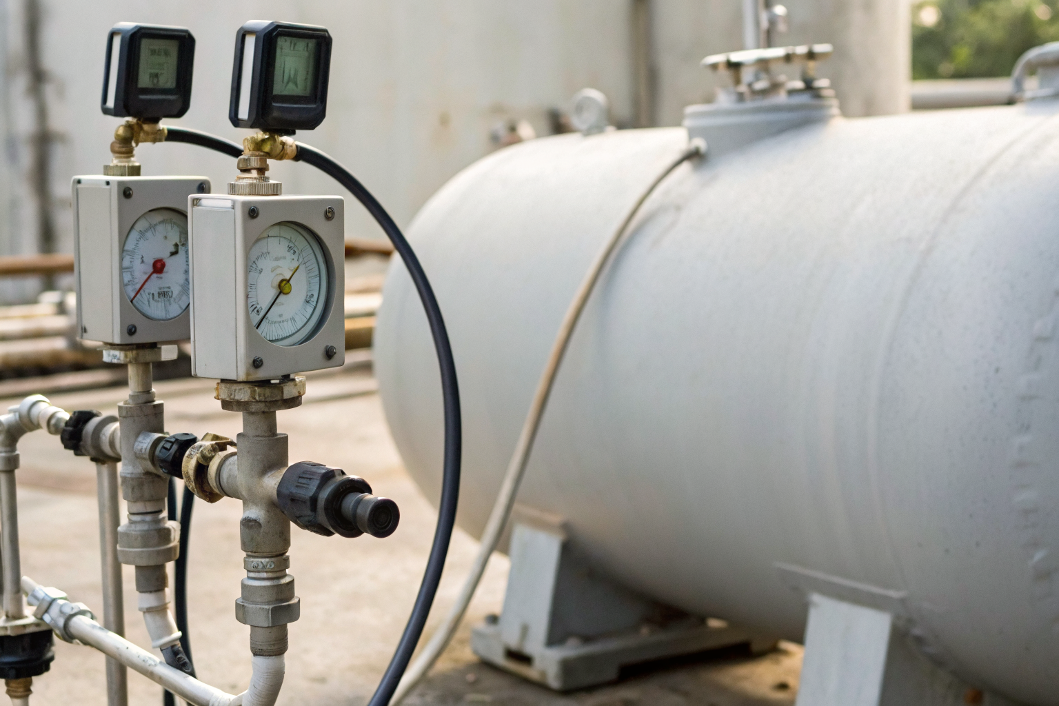 Atmospheric monitoring equipment near inactive tank, showing readings.