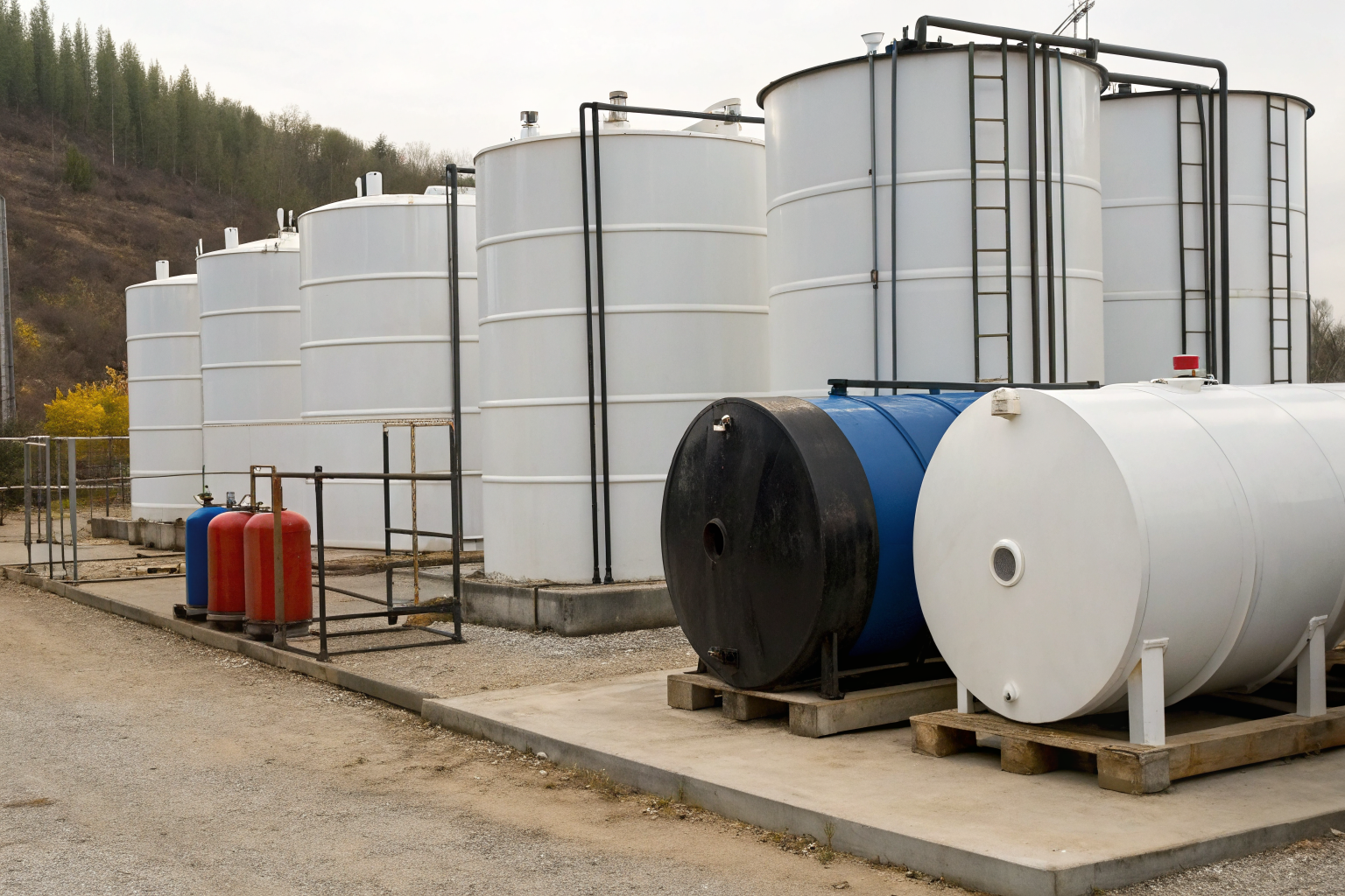 Various oil storage containers of different types at normal temperatures.