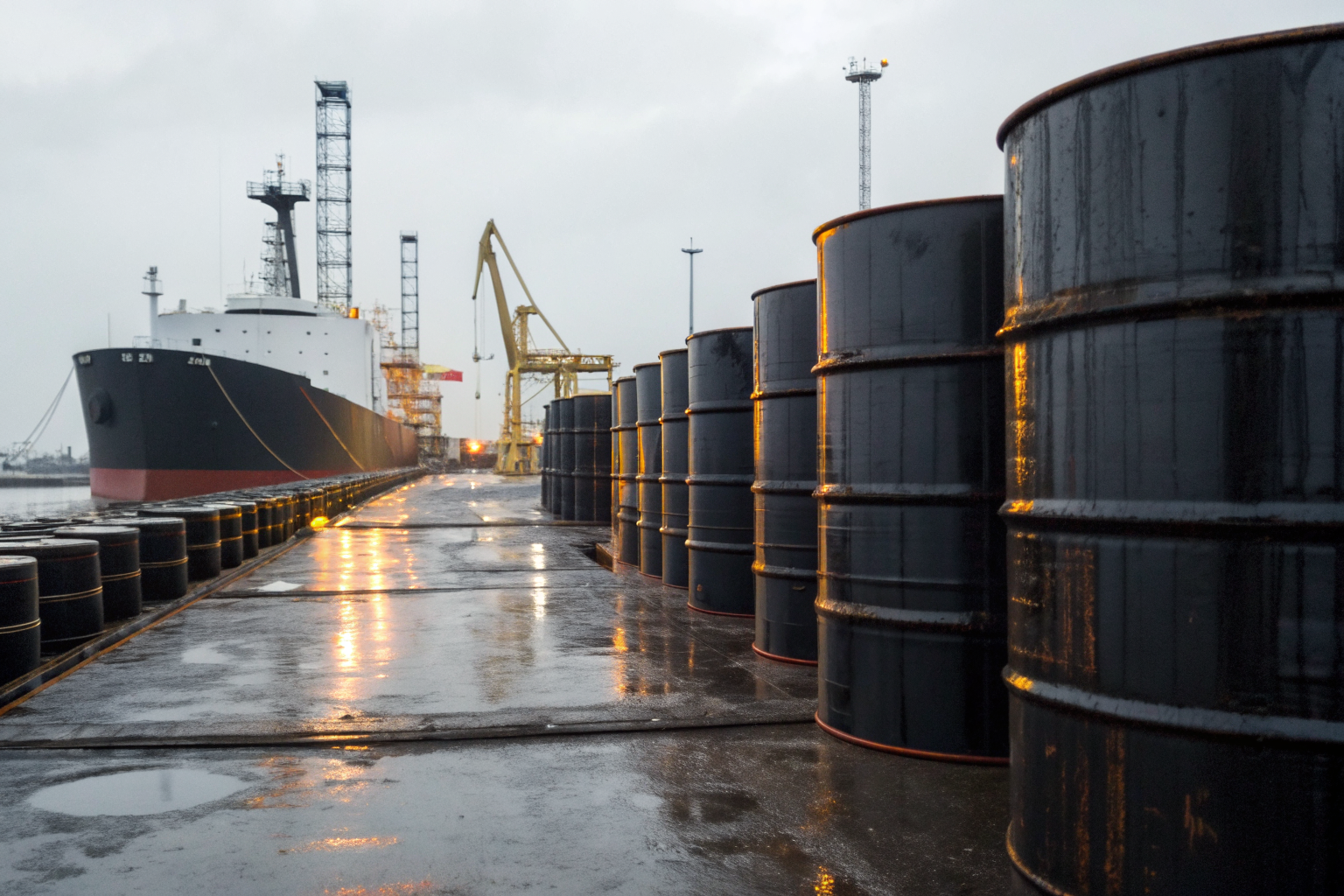Marine facility with barrels of heavy bunker oil.