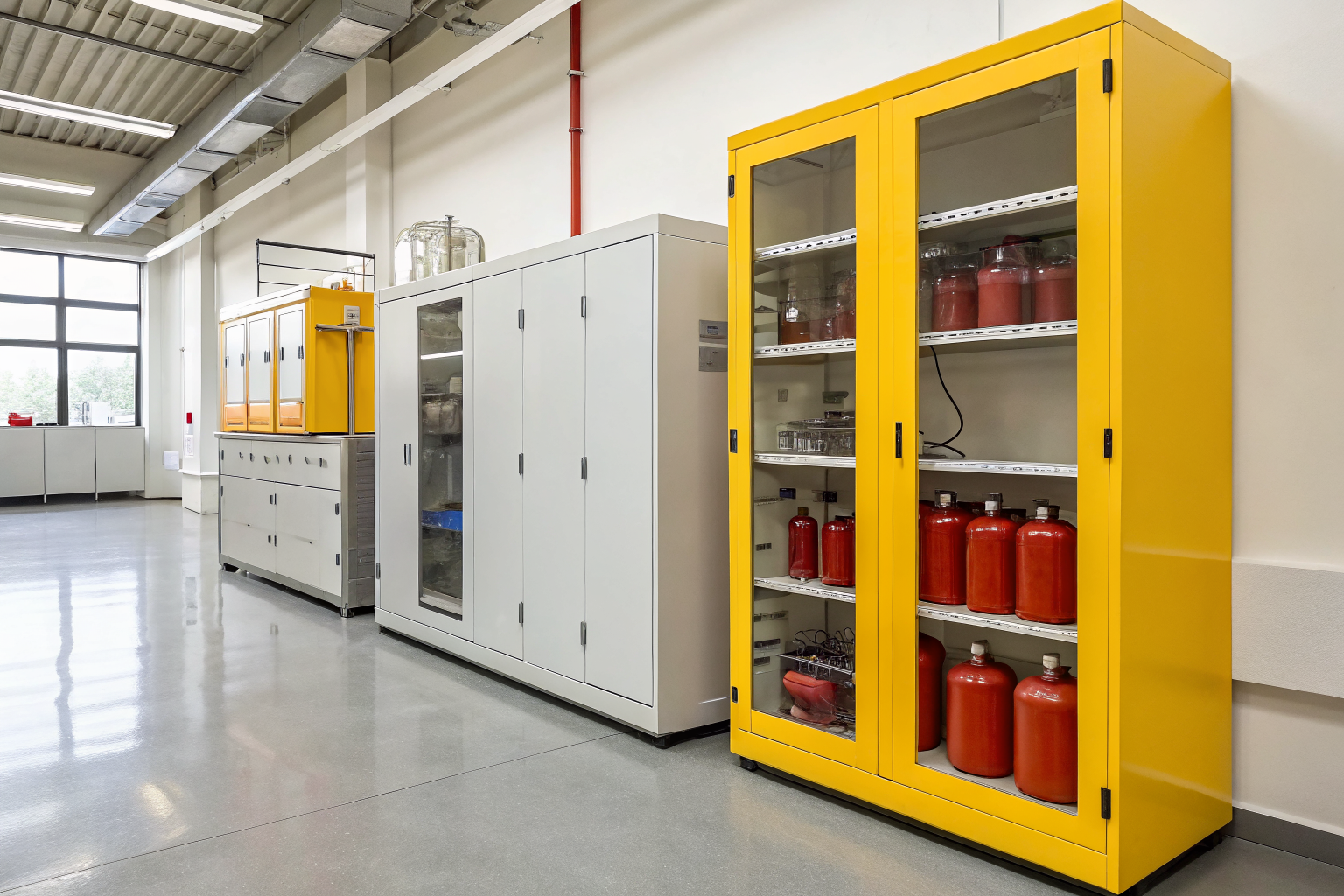 Flammable liquid storage cabinets in a workplace setting.