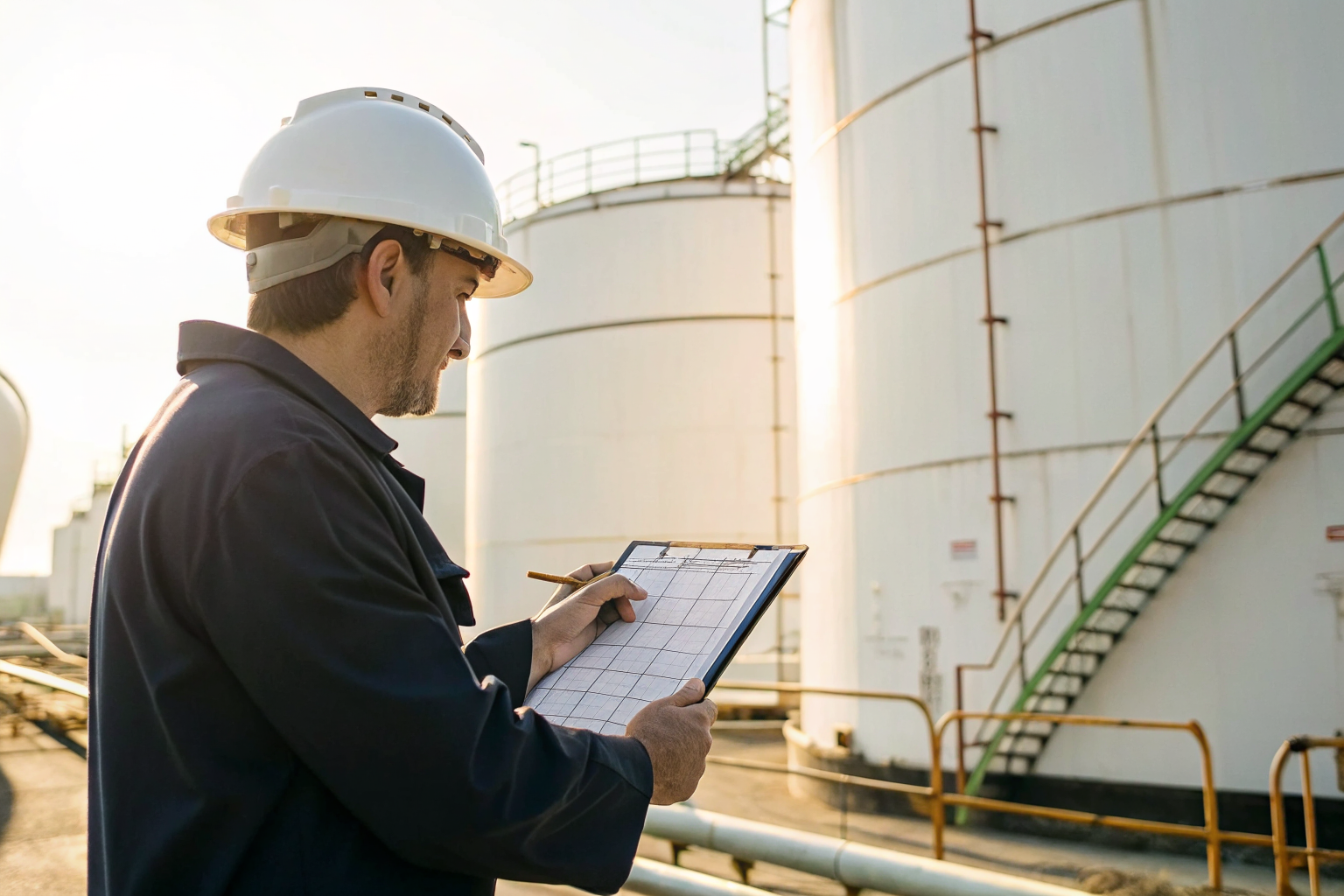 Engineer checks storage tanks with clipboard, daylight, detailed structure view.