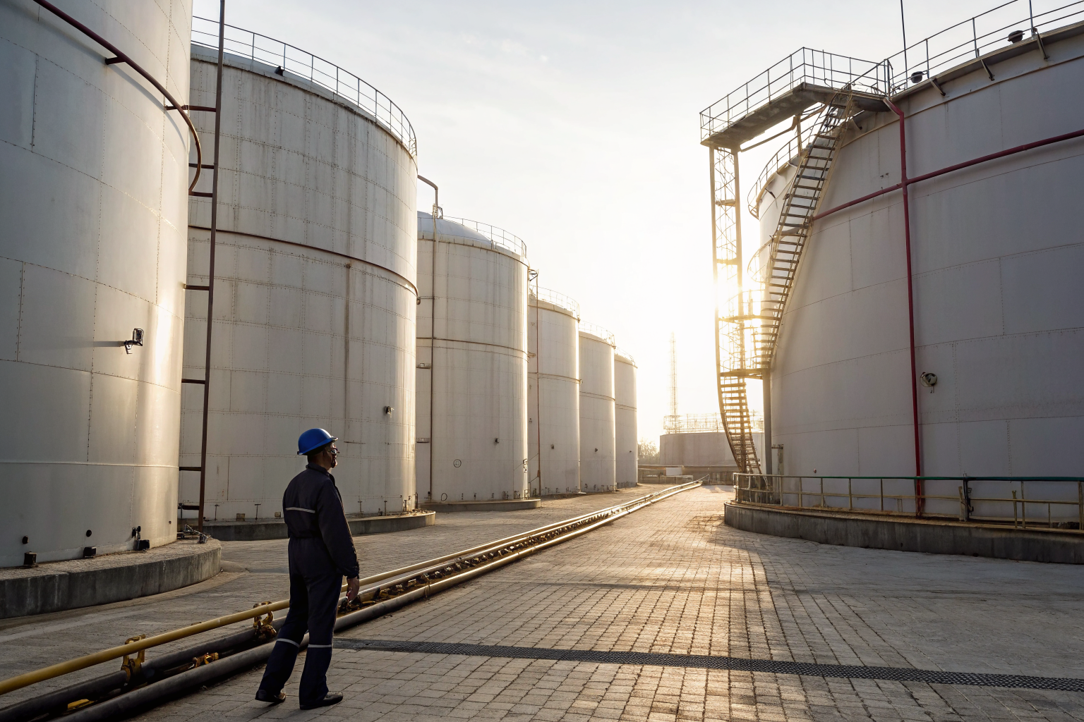 Engineer inspecting large oil tanks for EPA compliance.