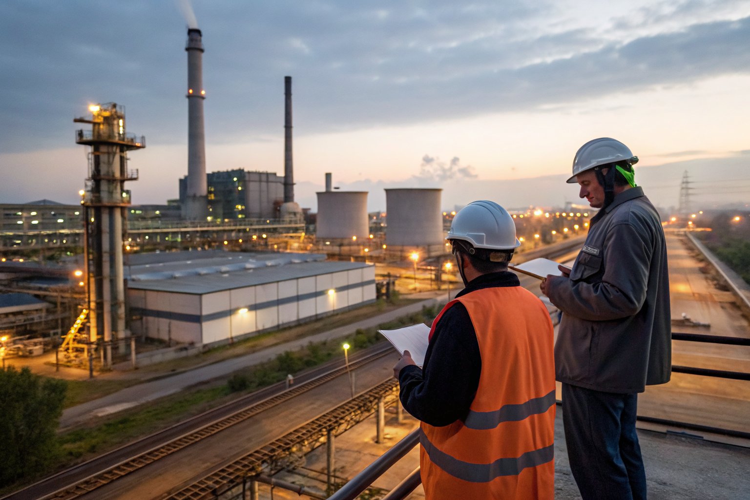 Workers conducting periodic monitoring at an industrial facility.