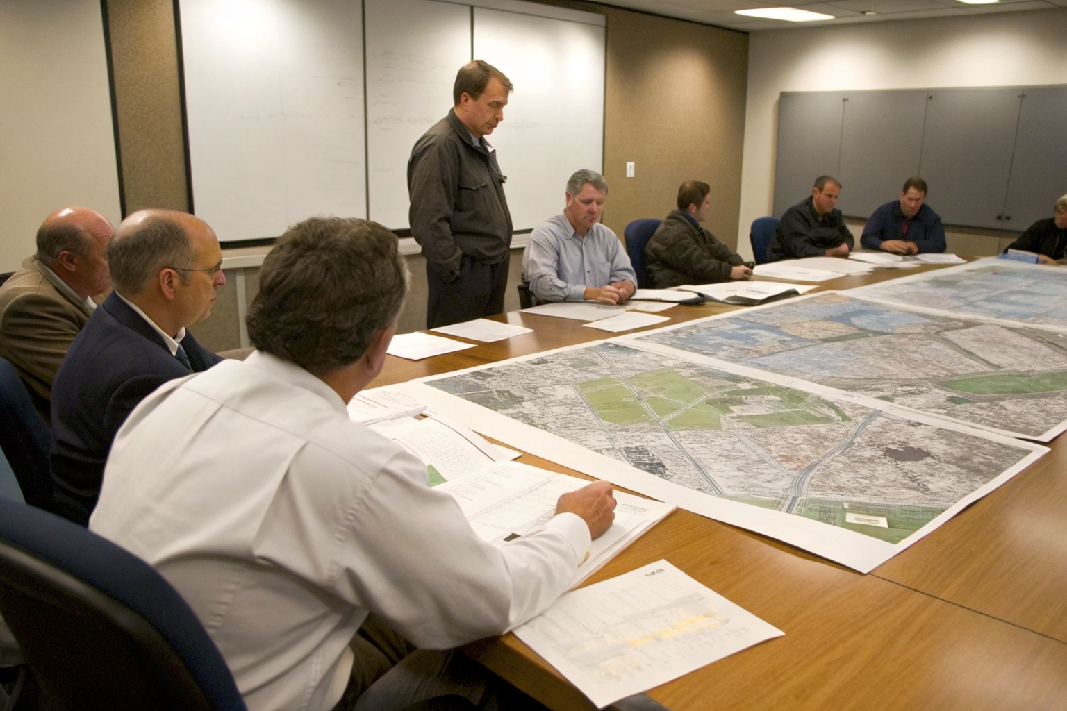 Officials discussing permit modifications with maps and documents.