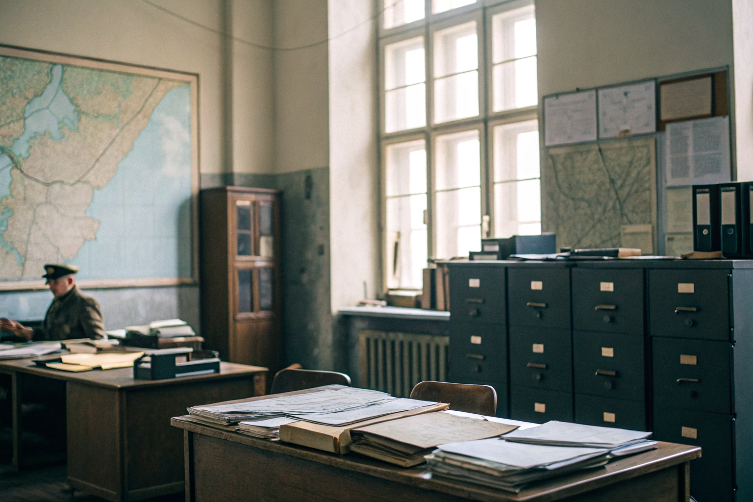 Office with documents and maps for tank installation permits.