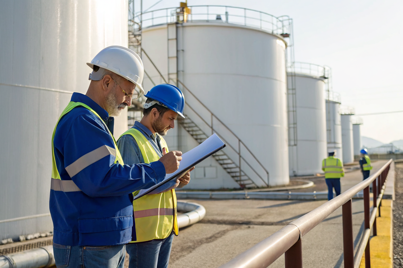 Operators evaluating SPCC plan at oil storage site, with documents.