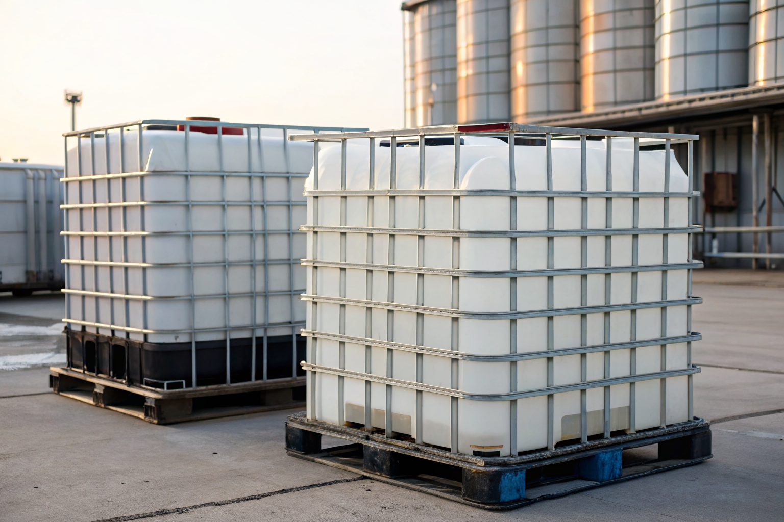 Polyethylene hard top on IBC containers with industrial backdrop.