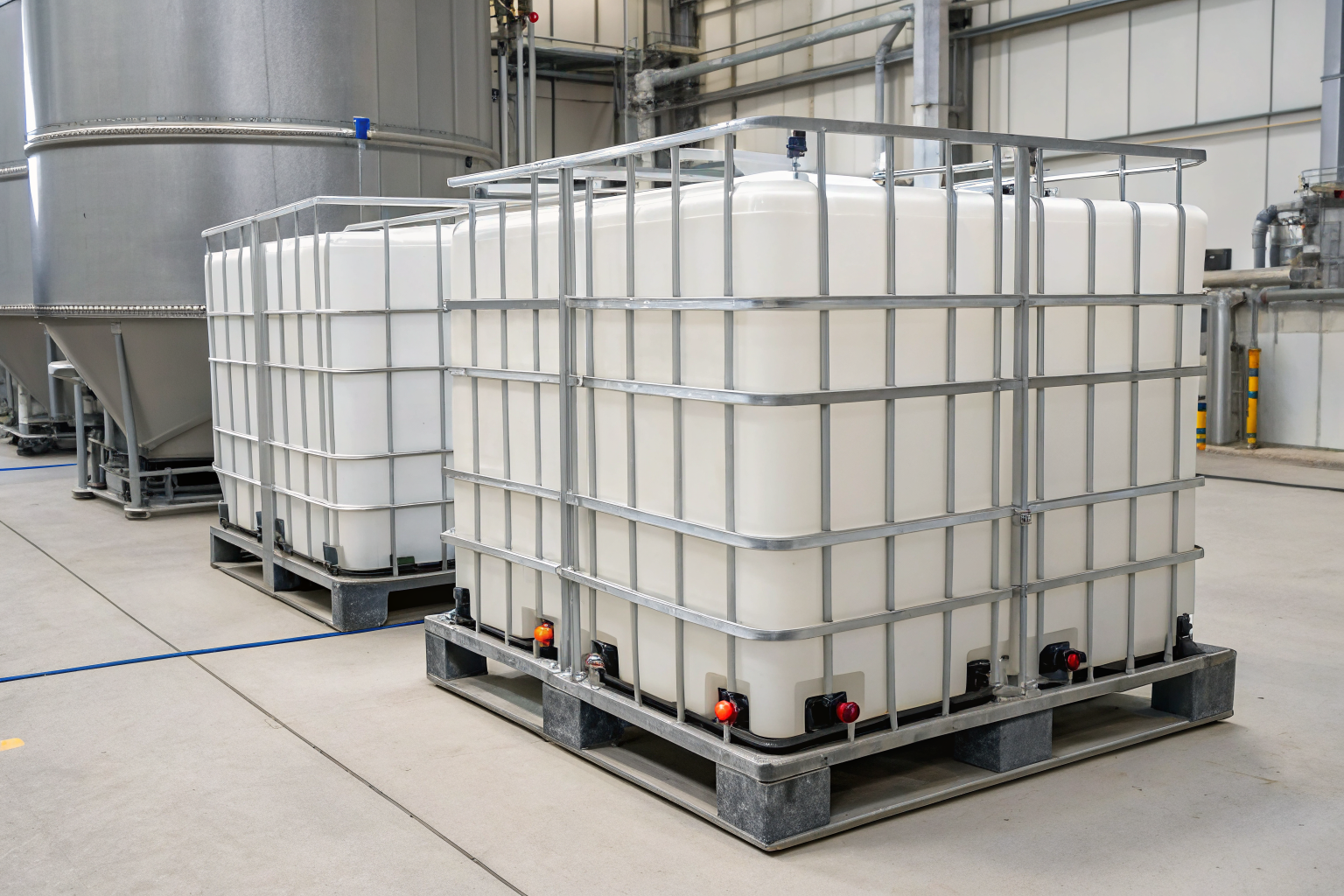 Polyethylene IBC system with chemical-resistant containers.