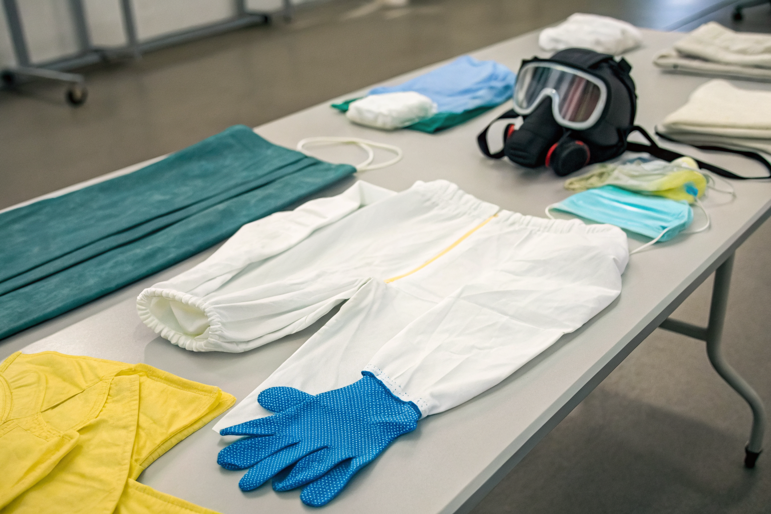 Personal protective equipment including gloves and masks on a table.