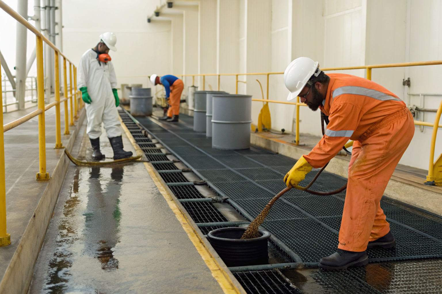 Oil handling operation with standardized transfer procedures to reduce human error.