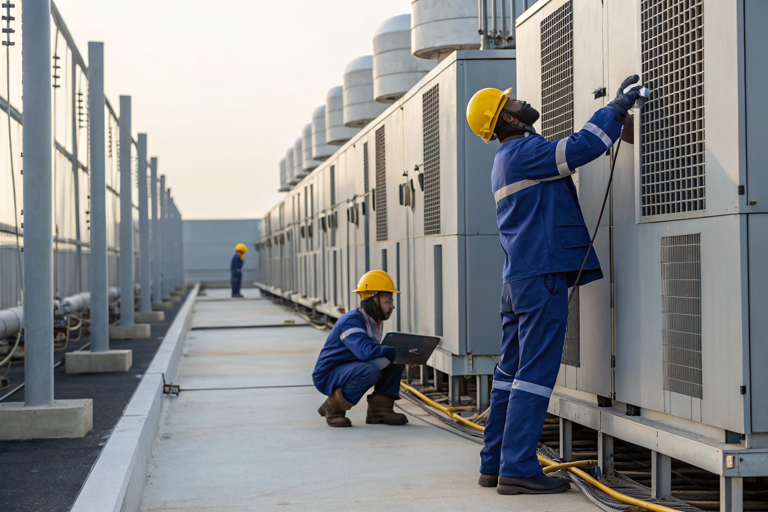 Workers maintaining storage systems for spill prevention.