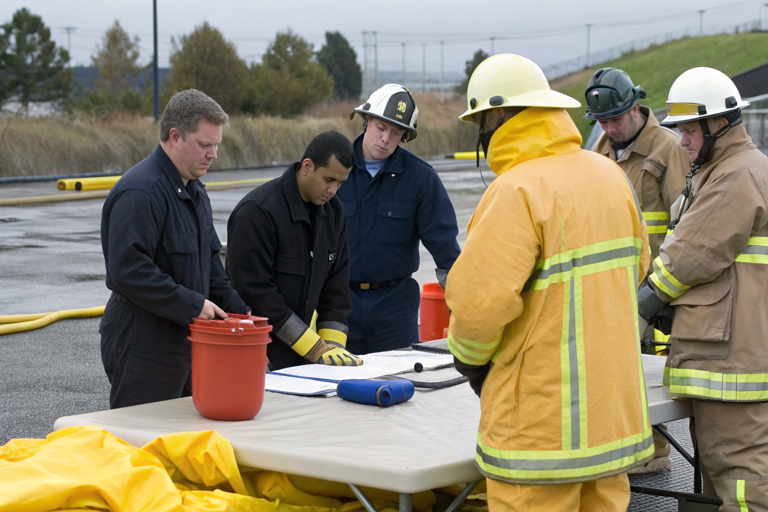 Facility manager and team strategize around a table with spill containment gear.