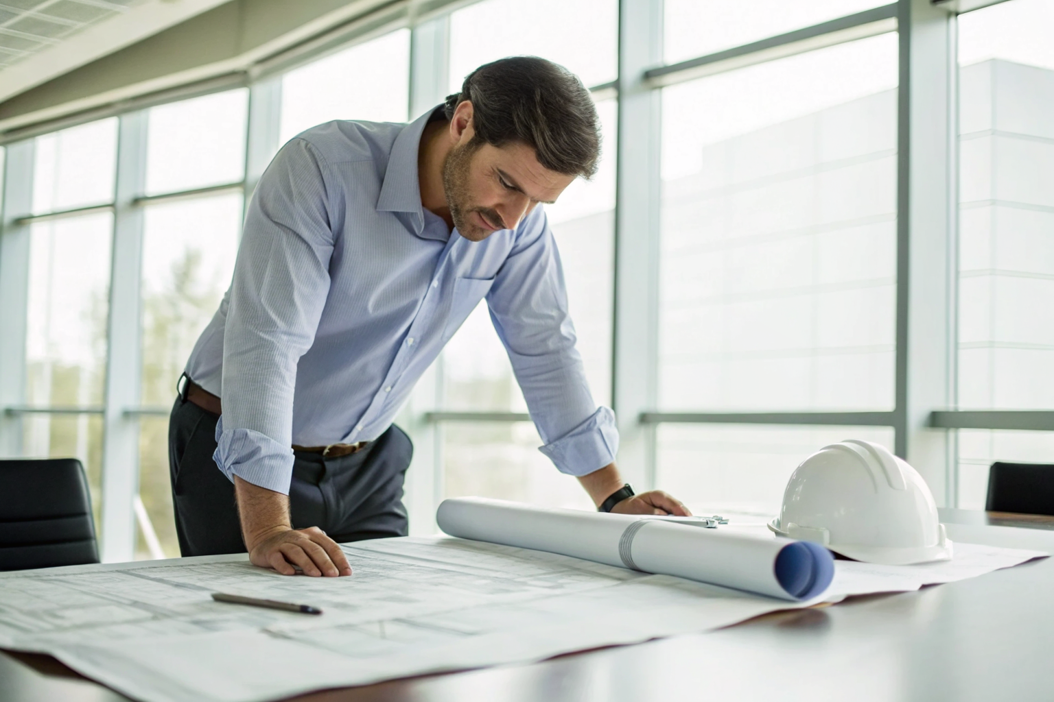 Engineer examining SPCC plans with blueprints in a conference room.