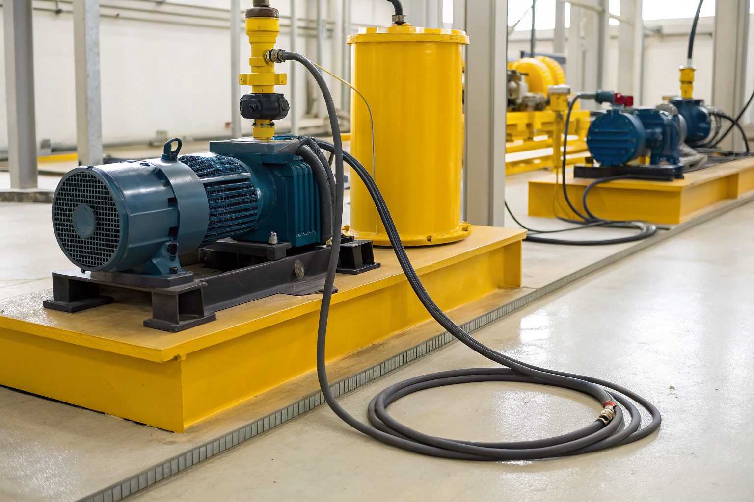 Electric pump containment with cord management in an industrial setting.