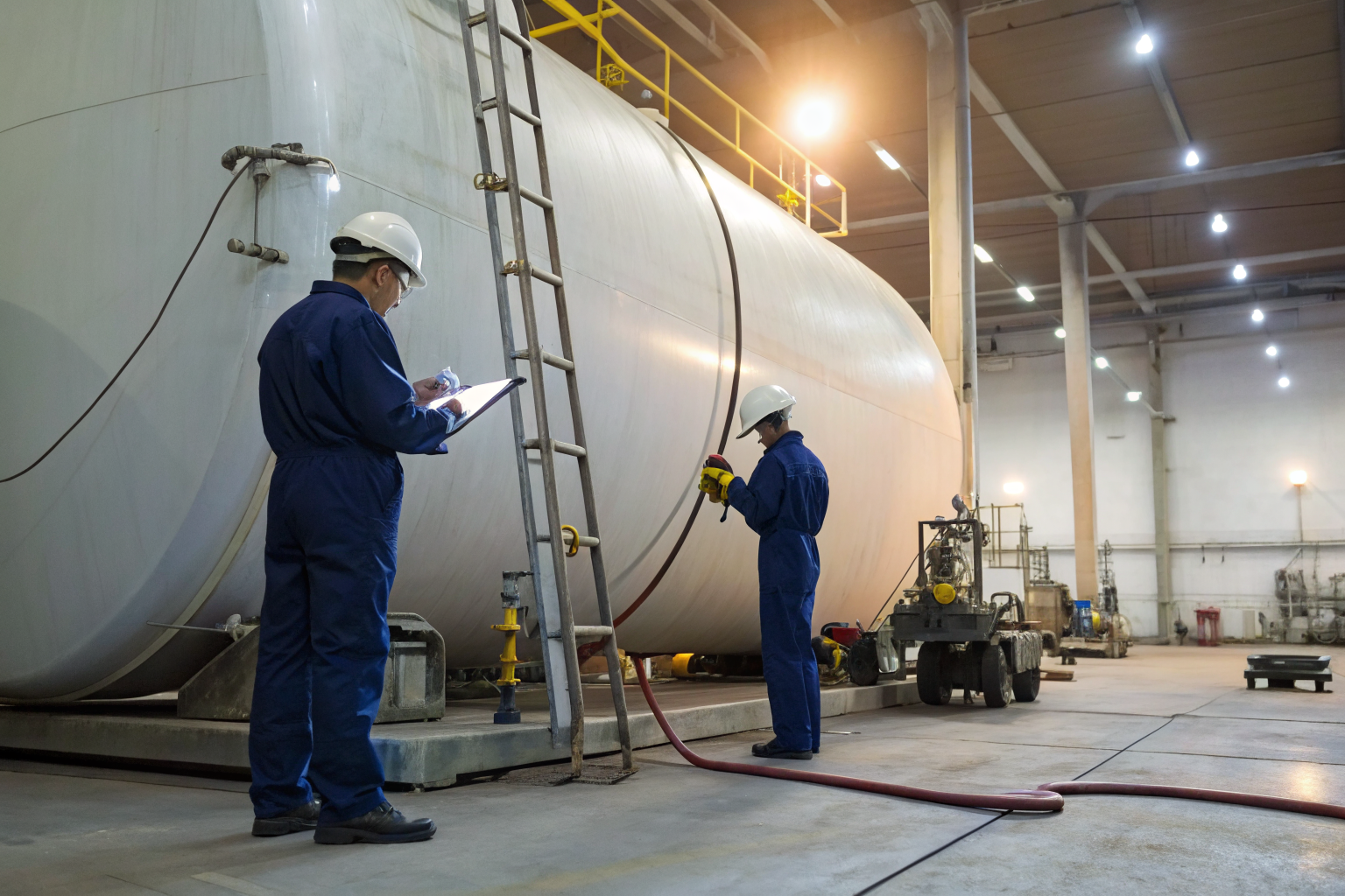 Team evaluating storage tank for reactivation with equipment and checklists.