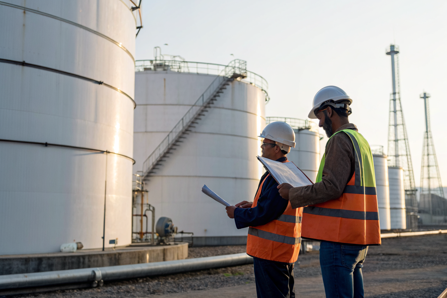 Workers reviewing SPCC documentation near oil tanks.