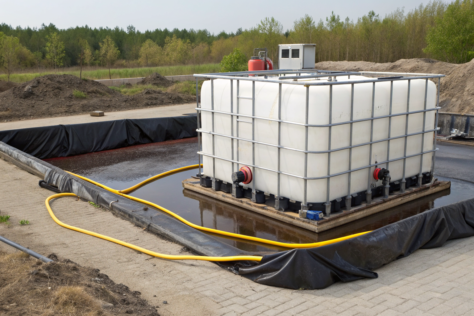 Secondary containment system around a large oil tank.