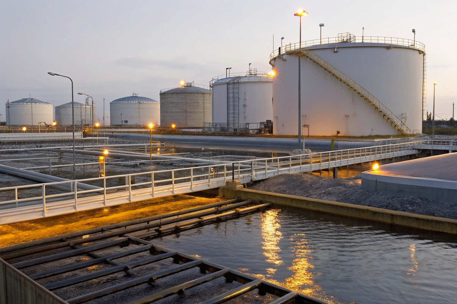 Oil storage facility with containment systems and drainage infrastructure.