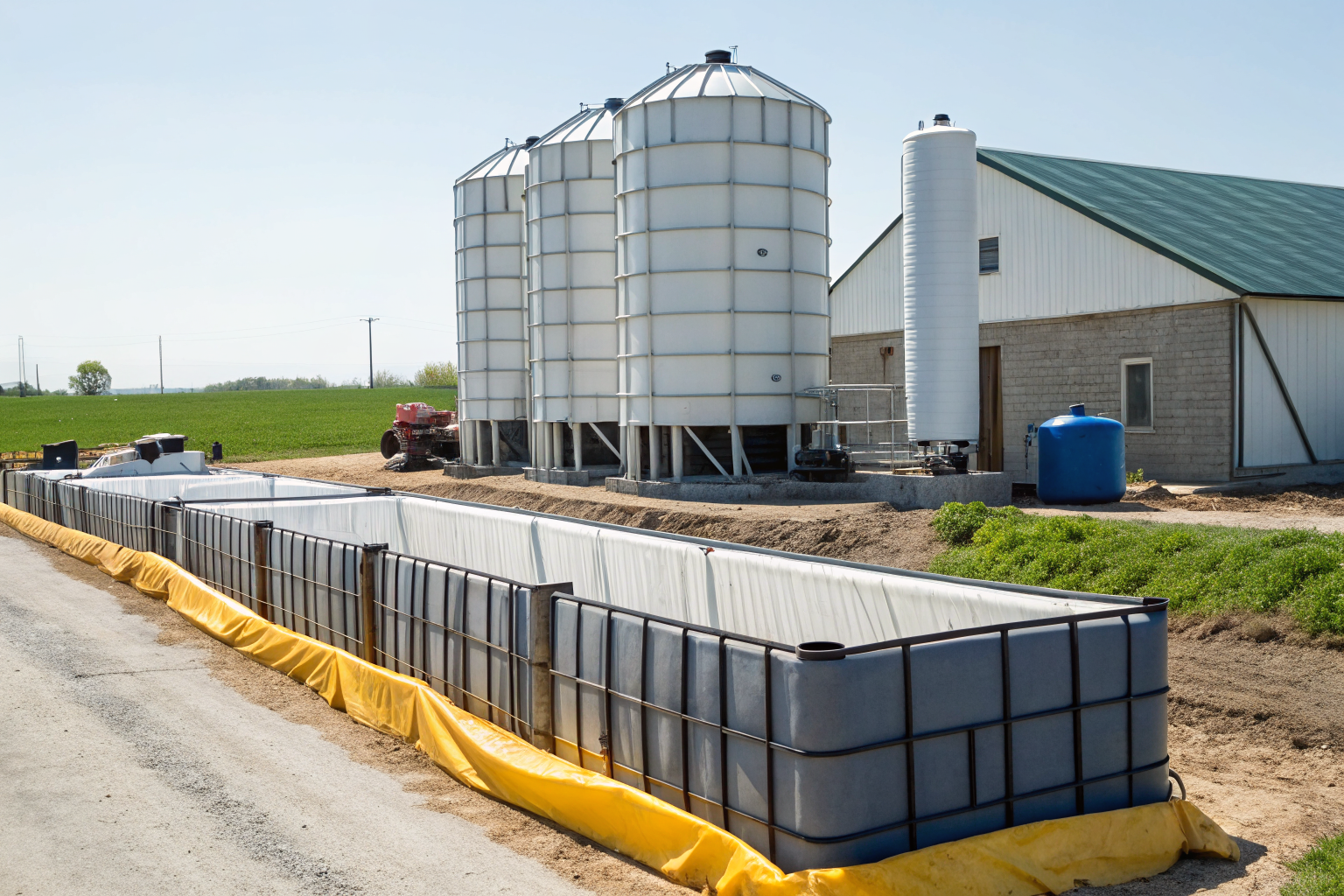 Secondary containment system for fuel tanks on a farm.