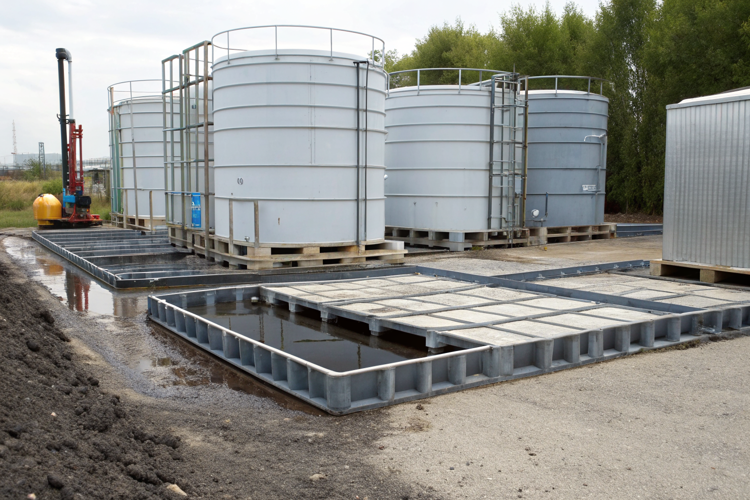 Steel containment pallets at an industrial site preventing oil spills.