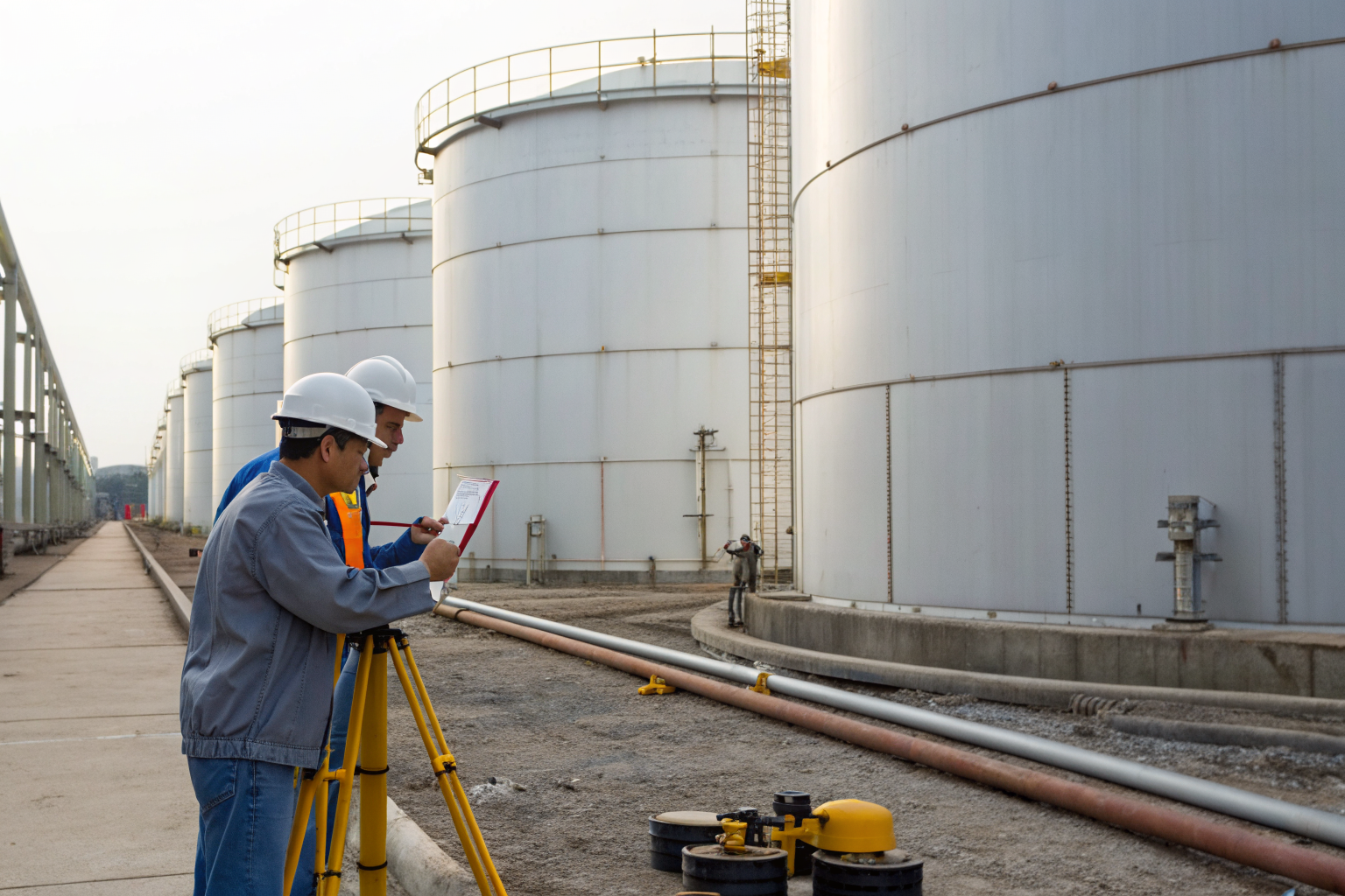 Engineers measuring containment area with large oil tanks.