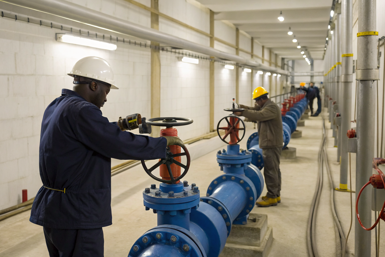 Technicians inspecting valves in secondary containment area.