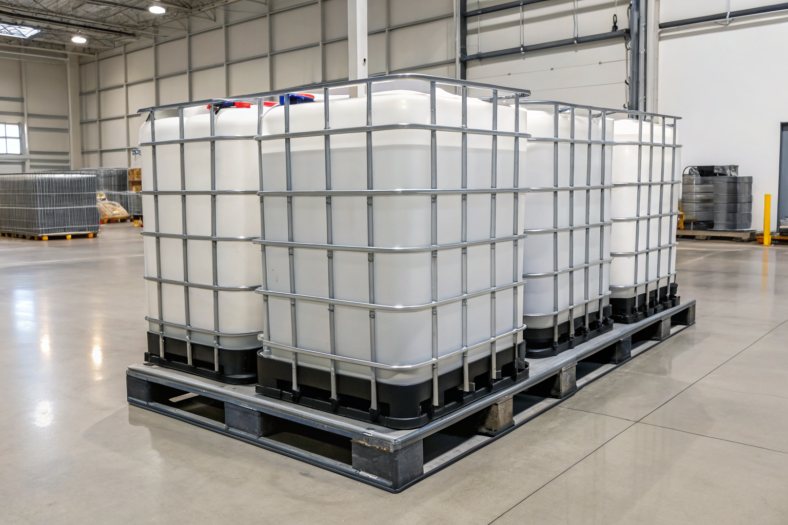 Multi-tote containment system with four IBCs in storage facility.