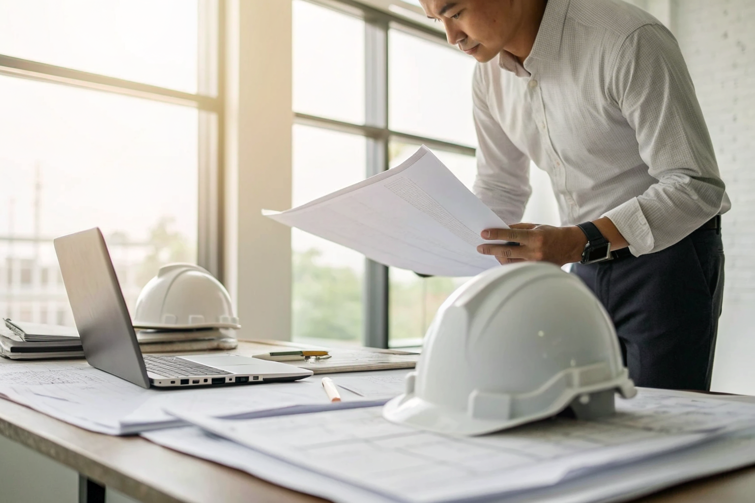 Engineer reviewing SPCC self-certification documents in an office.