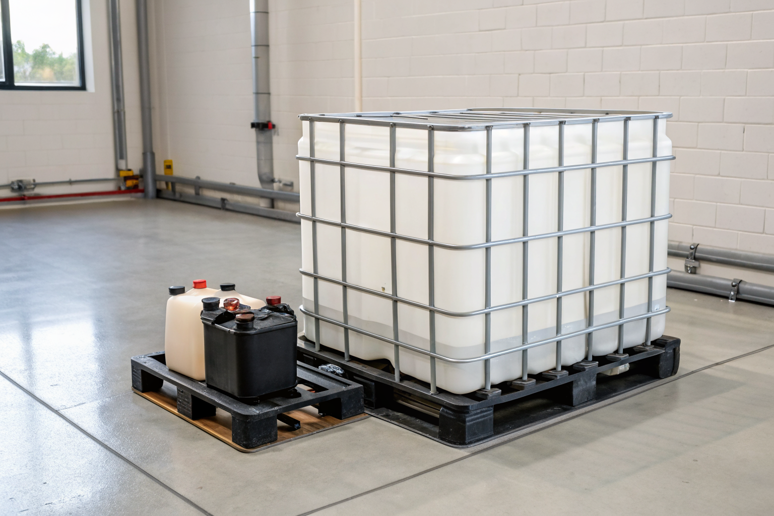 IBC pallet setup with connections, no tools needed.